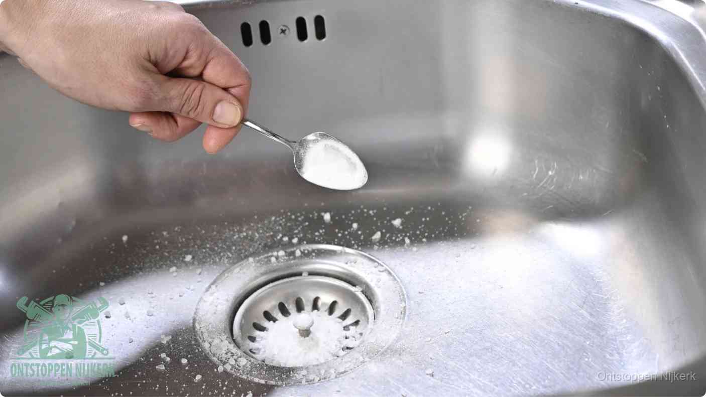 Een hand strooit met een lepel soda in de afvoer van een roestvrijstalen spoelbak, de soda en azijn huismiddel-methode om de afvoer te ontstoppen in Nijkerk