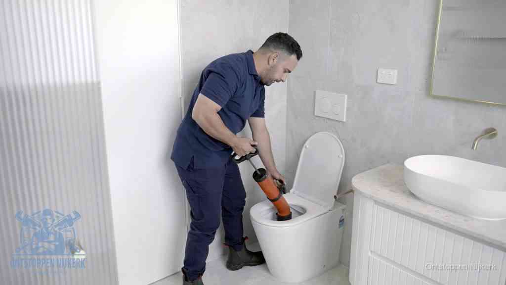 Een monteur buigt over een wandcloset en duwt met de hand een persluchtontstopper in de toiletpot om de verstopping handmatig los te maken in Nijkerk