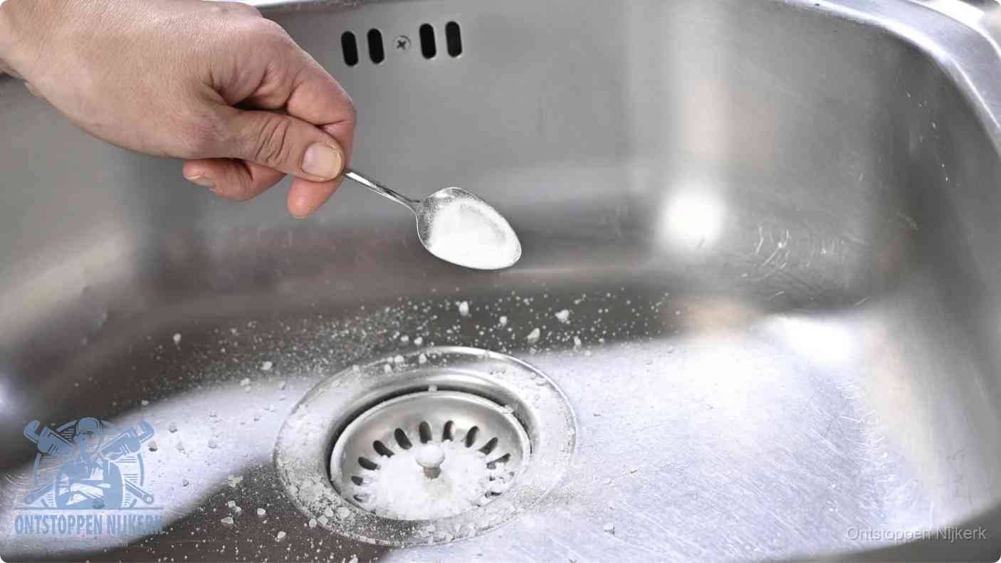 Een hand strooit met een lepel soda in een afvoerputje, de soda en azijn huismiddel-methode om de wc te ontstoppen in Nijkerk