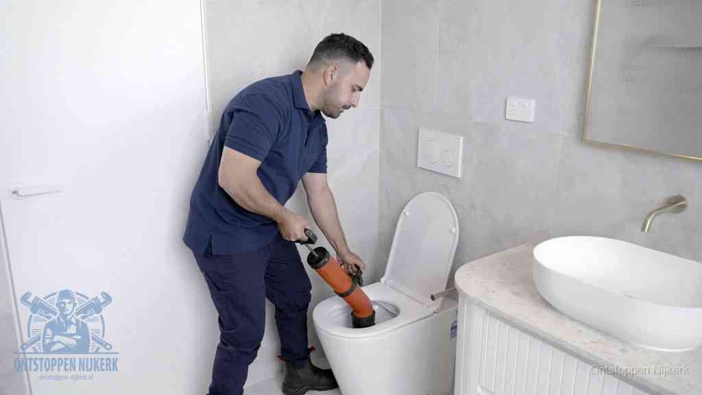 Een monteur gebruikt een handmatige perspomp (toiletontstopper) op een wandcloset tijdens het professioneel wc ontstoppen in Nijkerk