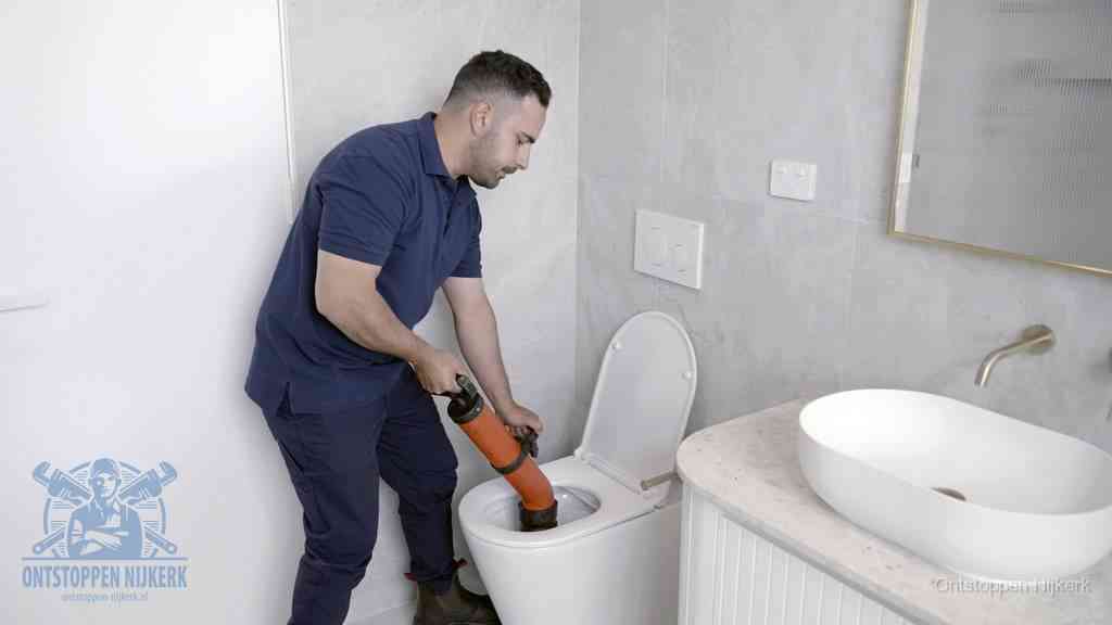 Een man gebruikt een handmatige luchtdruk-ontstopper in een modern betegeld toilet om zelf de wc te ontstoppen in Nijkerk